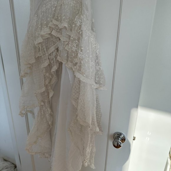 LoveShackFancy Cayden Silk High-Low Dress White Lace Eyelet Off Shoulder Gown - Picture 10 of 15